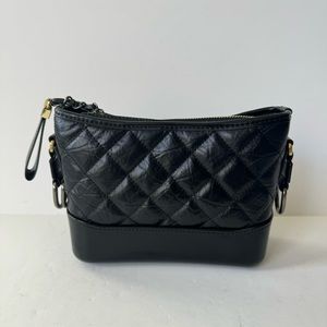 Black Aged Quilted Chain Hobo Bag Two Tone Small Convertible Crossbody B12